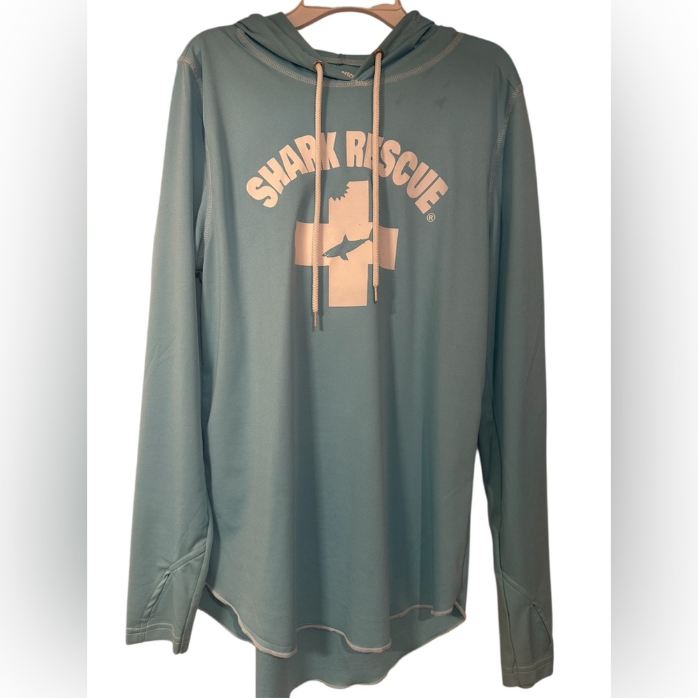 Shark Rescue Light Blue UPF 50+ Sun Hoodie – Coastal Beach Shirt – Women’s Small